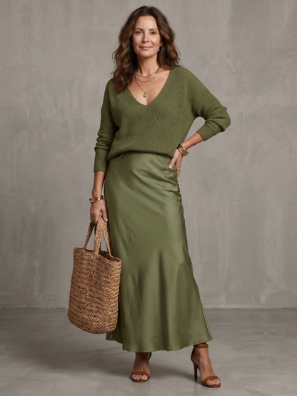 Green knit V-neck top and sage satin bias midi skirt set, gathered drape hem