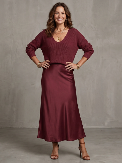 Burgundy knit V-neck top and satin bias midi skirt set, fluid slip skirt hem