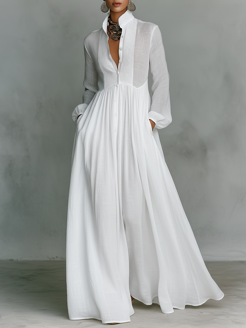 White cotton-linen maxi shirt dress with V-neck, button front, long sleeves, gathered waist
