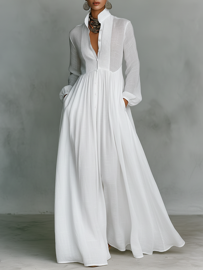 White cotton-linen maxi shirt dress with V-neck, button front, long sleeves, gathered waist