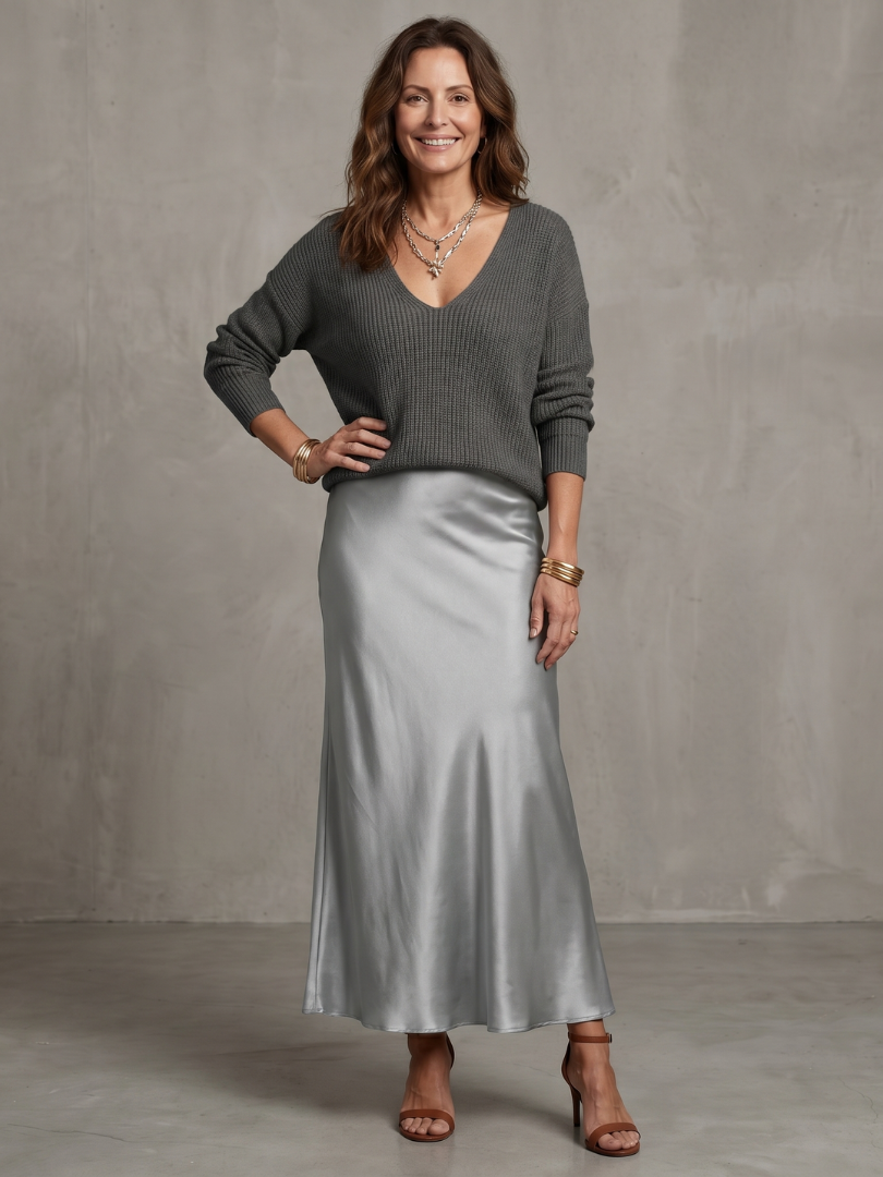 Charcoal gray knit V-neck top and silver-gray satin bias midi skirt set, straight drape