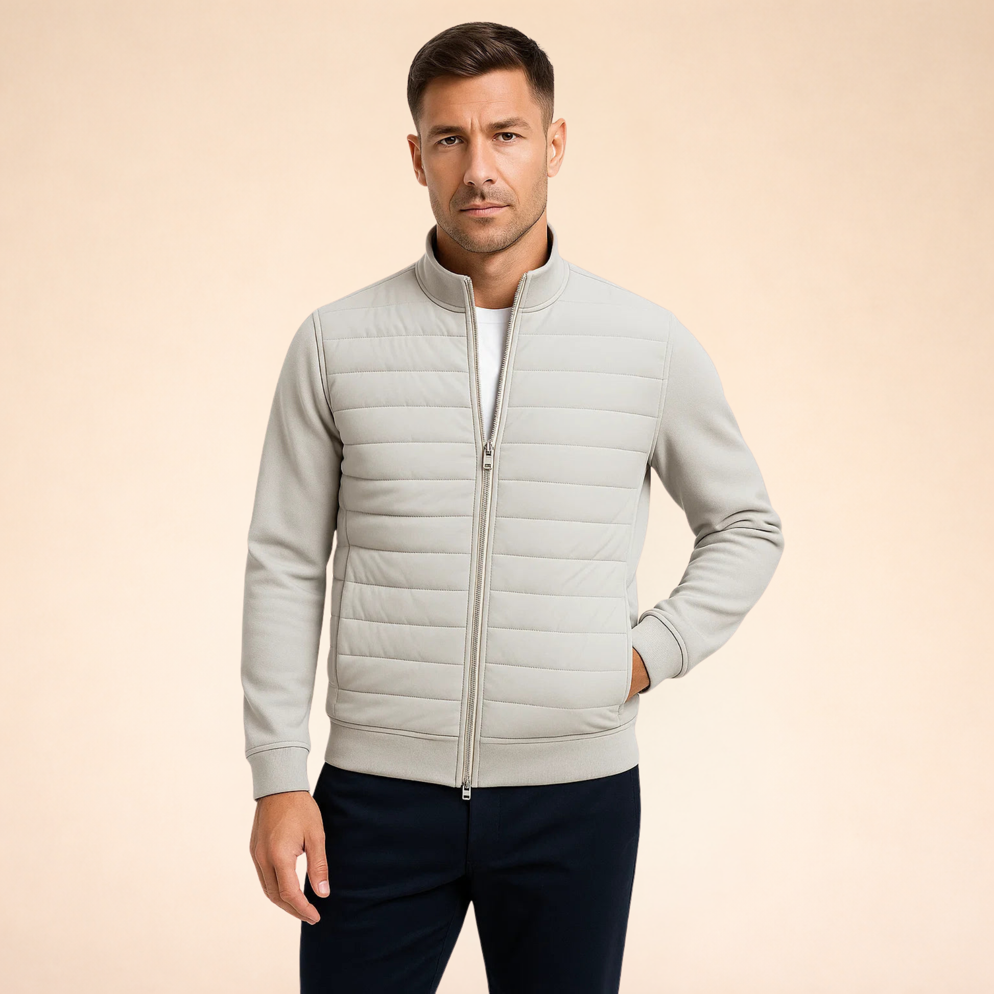 Men's light gray hybrid puffer jacket with full-zip and ribbed knit sleeves