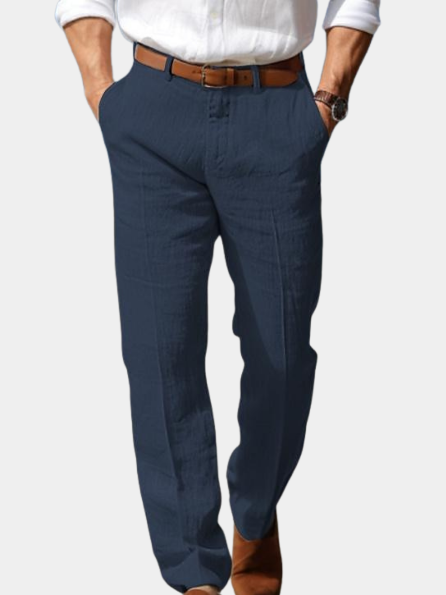 Navy linen men’s pants with belt loops, button fly, straight fit