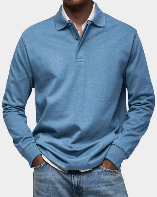 Light blue long-sleeve polo shirt with button placket and ribbed cuffs