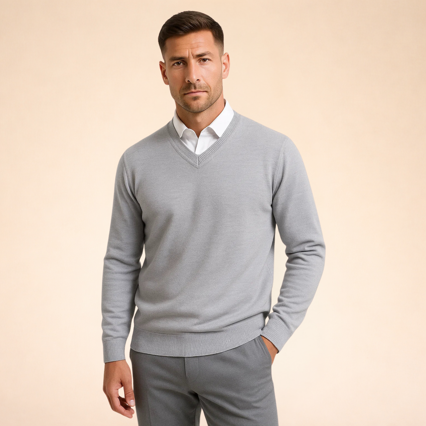 Gray cashmere V-neck sweater, long sleeves with ribbed cuffs and hem