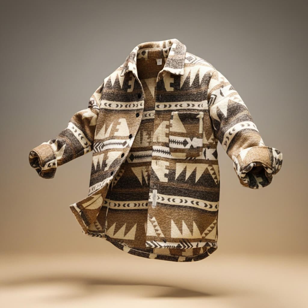 Wool jacket with open collar and long sleeves, geometric tribal print in beige and brown