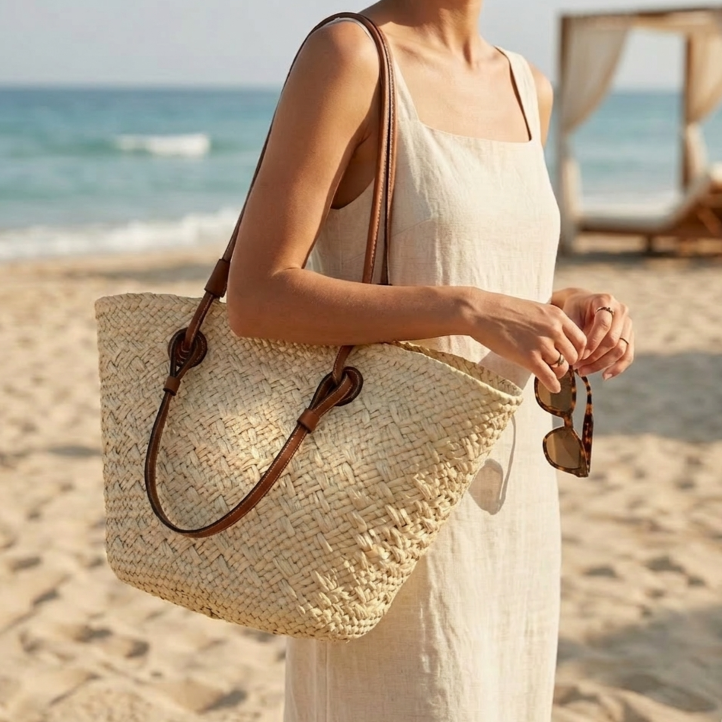 Woven rattan summer tote with brown leather handles and textured braided weave.