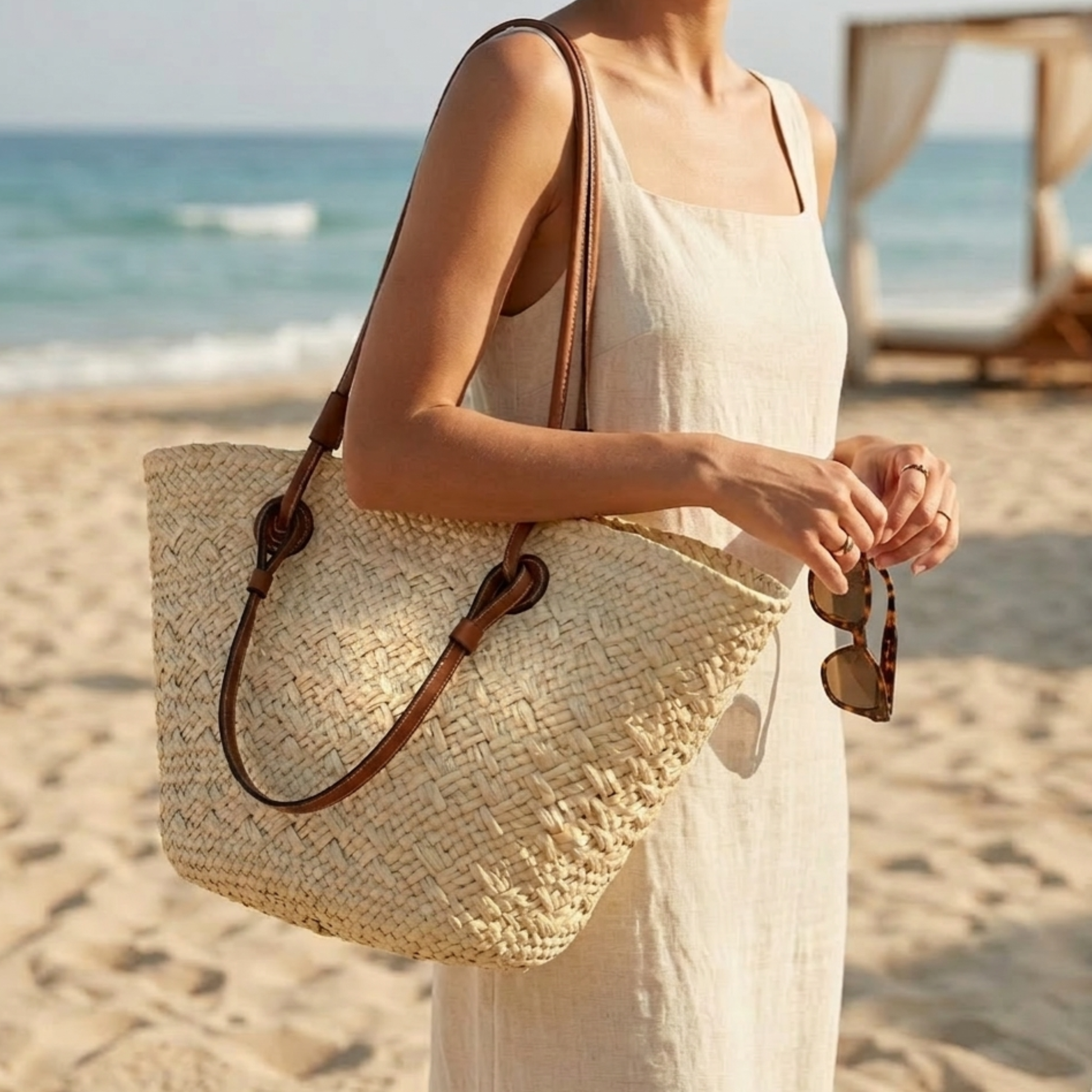 Woven rattan summer tote with brown leather handles and textured braided weave.