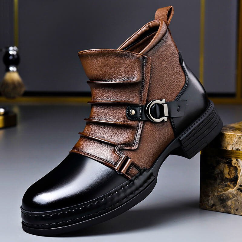 Cognac brown genuine leather boots with side buckle strap and padded collar