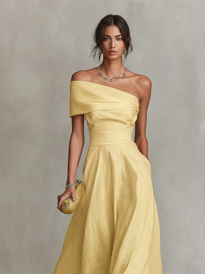 Women's yellow one-shoulder linen dress, fitted bodice and off-shoulder neckline