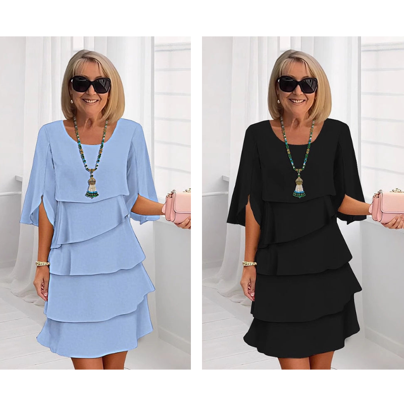 Tiered puff sleeve dresses in light blue and black, layered ruffle skirts