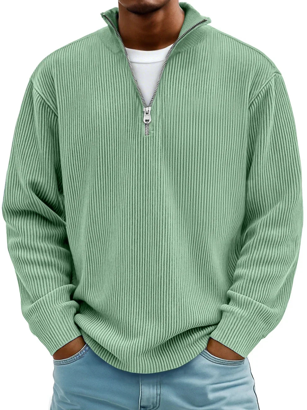 Green quarter-zip pullover sweater with ribbed knit and vertical stripe texture