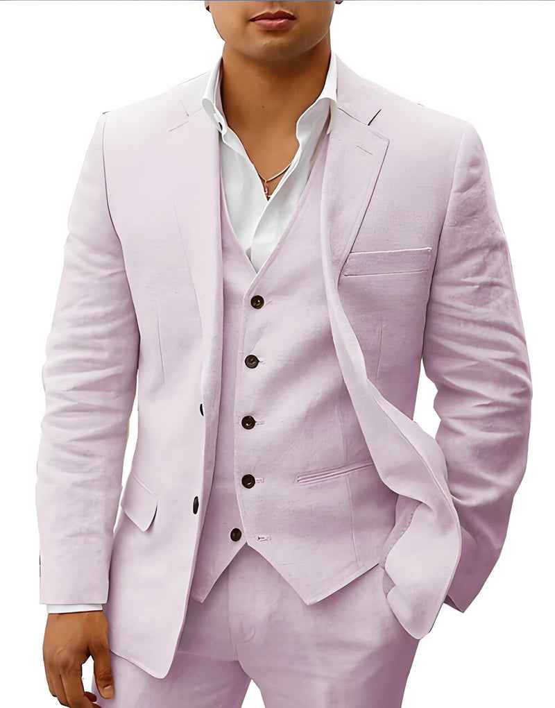 Light pink linen blazer, vest, and trousers set with notch lapels and pocket square