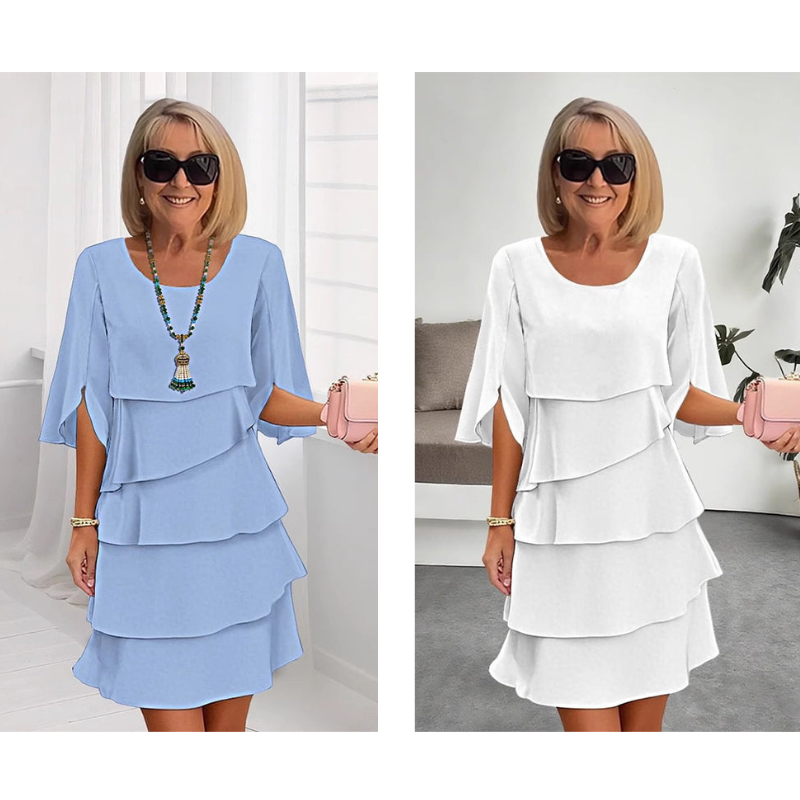 Tiered puff sleeve dresses in light blue and white, layered ruffle skirts
