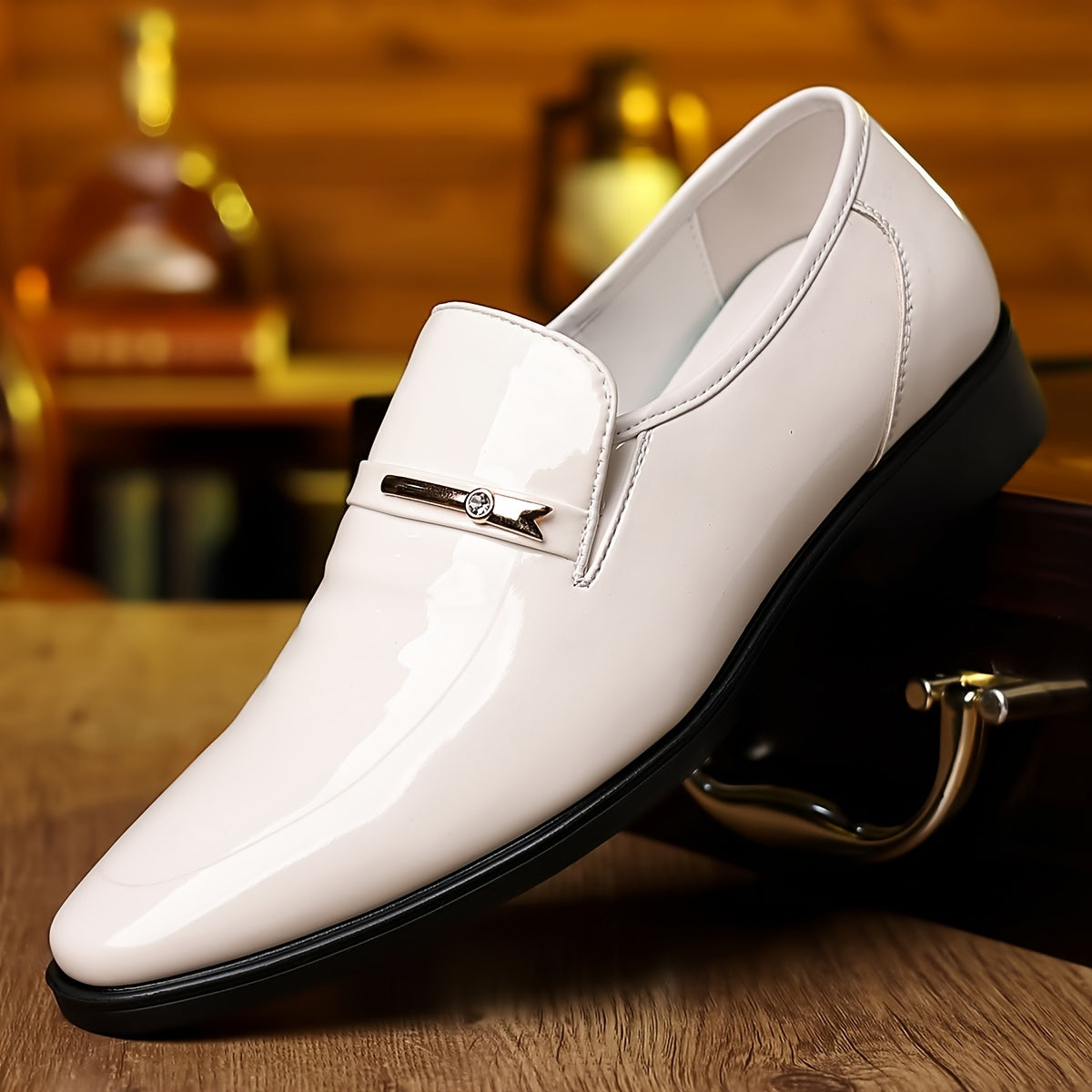 Men's white patent leather penny loafers, pointed toe slip-on with metal bar detail