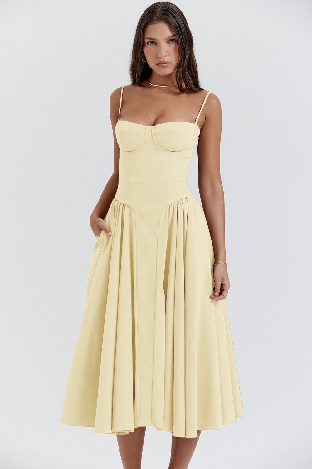 Women’s sweetheart pleated midi dress, pale yellow sweetheart bodice and pleated skirt
