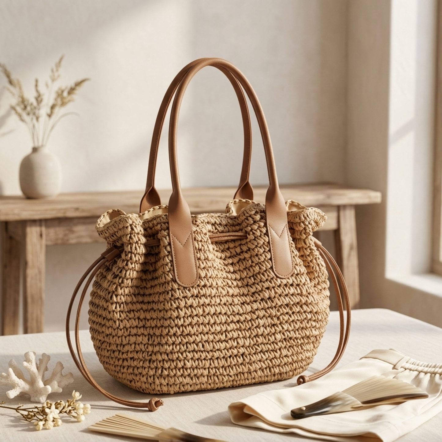 Brown handwoven straw tote bag with drawstring and tan leather top handles