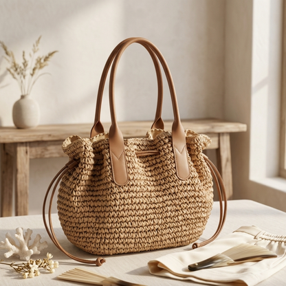 Brown handwoven straw tote bag with drawstring and tan leather top handles