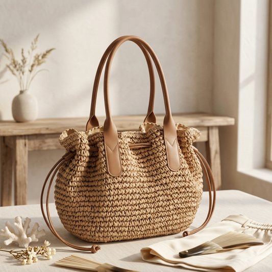 Brown handwoven straw tote bag with drawstring and tan leather top handles