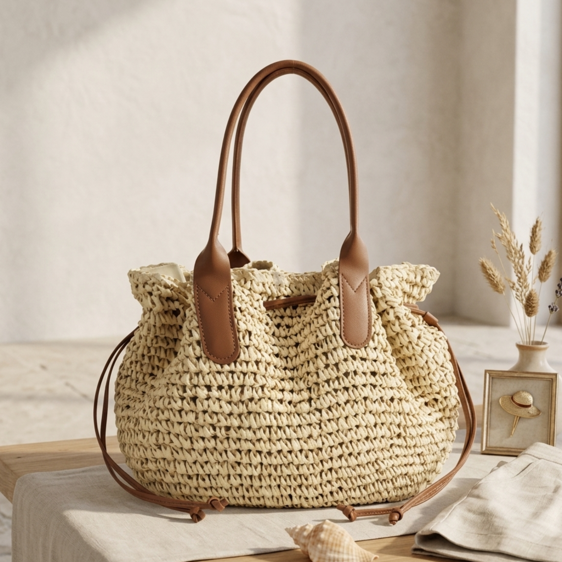 Beige handwoven straw tote bag with drawstring, tassel tie ends, and leather handles