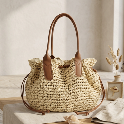 Beige handwoven straw tote bag with drawstring, tassel tie ends, and leather handles