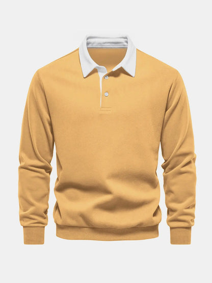 Men's polo-collar long-sleeve sweatshirt, khaki with white button placket and ribbed cuffs