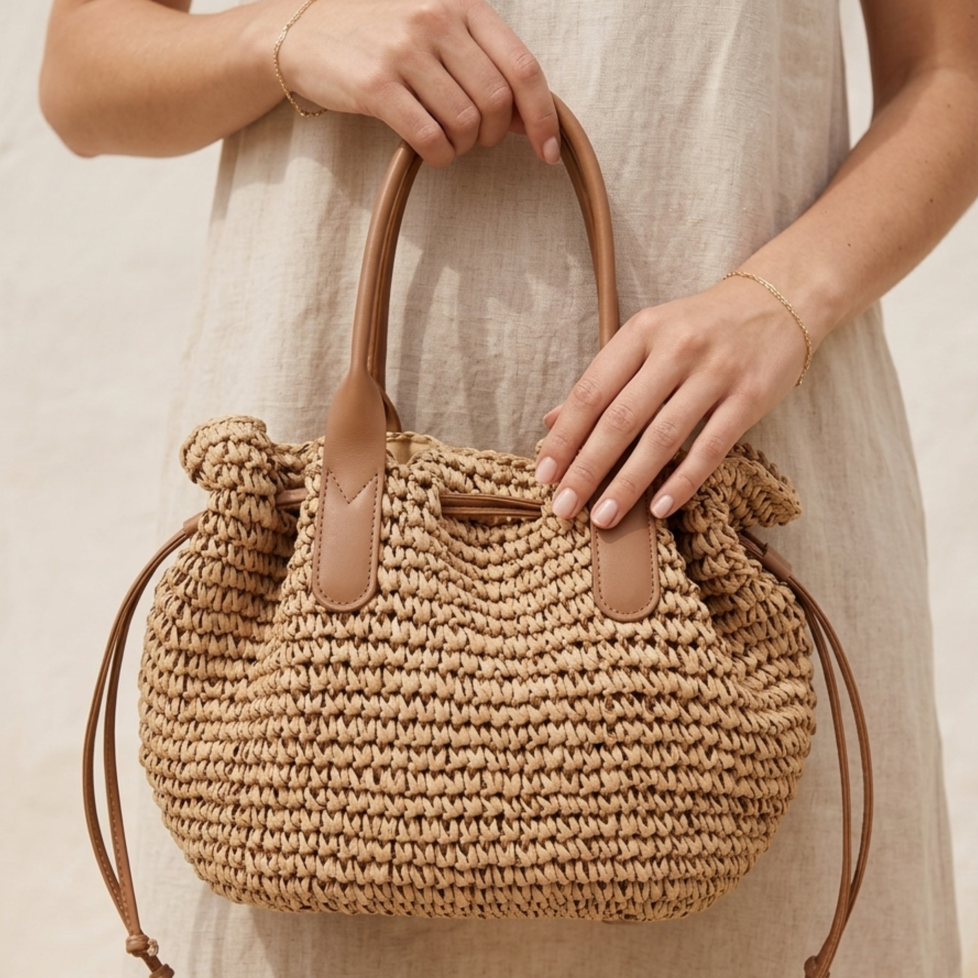Tan braided straw tote with drawstring and two leather handle tabs