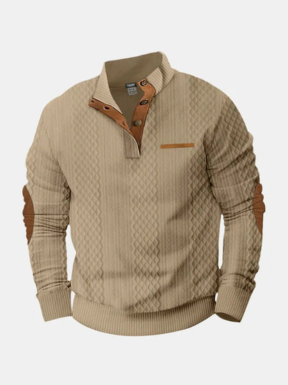 Cable-knit pullover sweatshirt in beige with half-button placket and brown accent trim