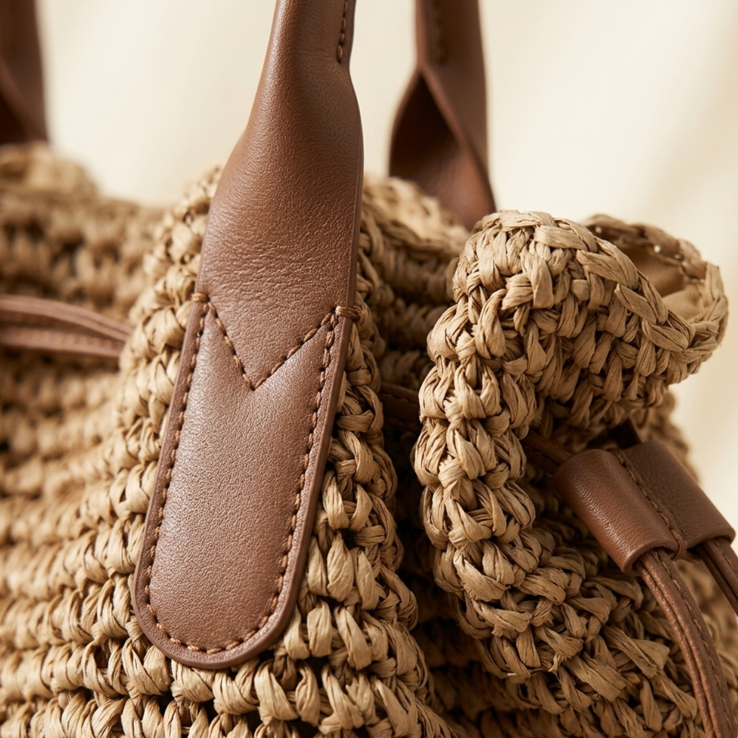 Braided straw tote detail with tan leather handle tabs and drawstring ties
