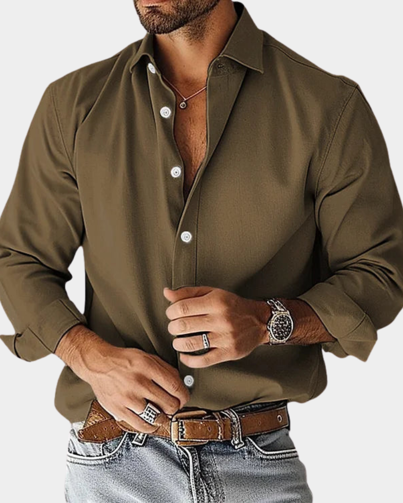 Olive long-sleeve button-up shirt with pointed collar and button front