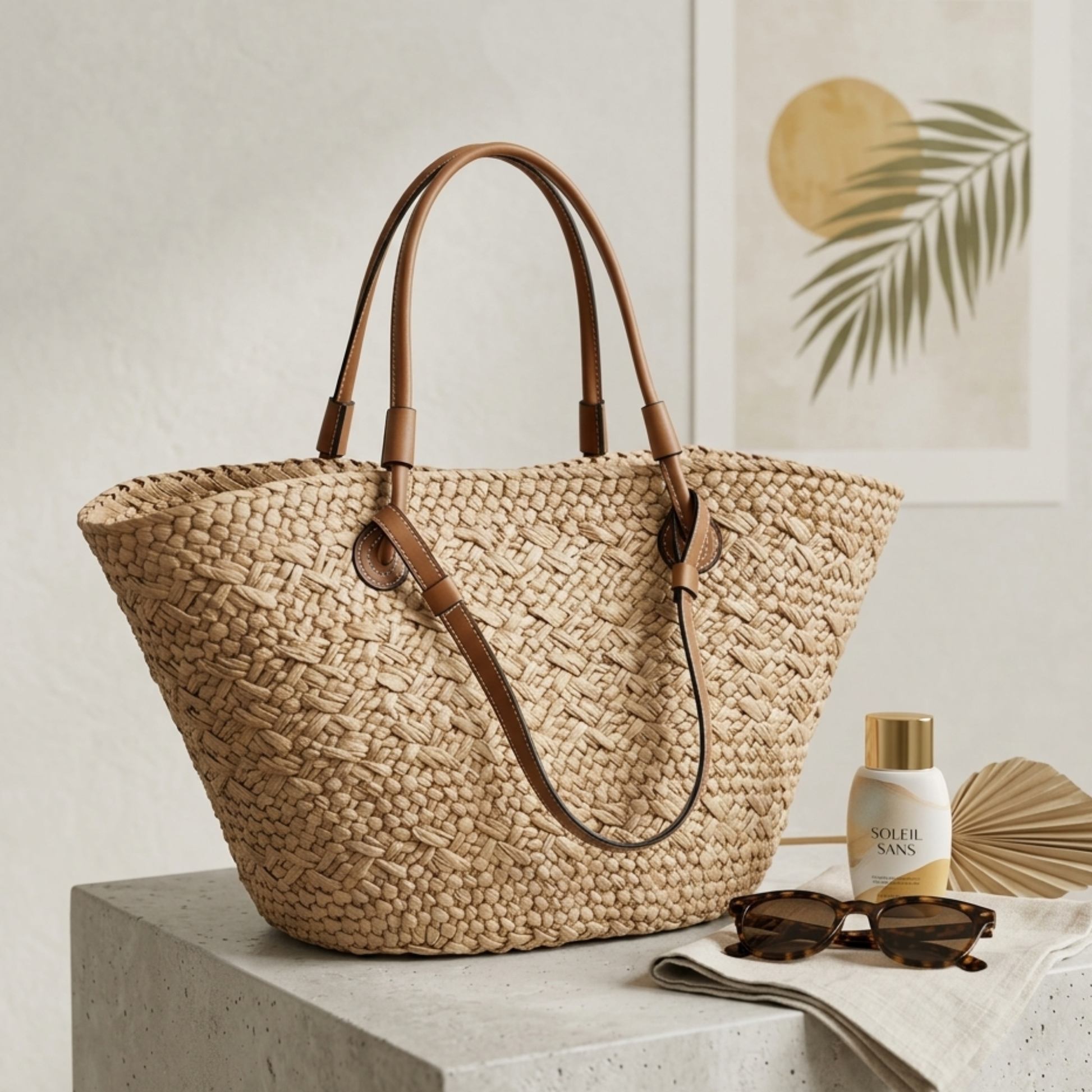 Woven rattan tote bag with wide handles and brown leather trim, open top.