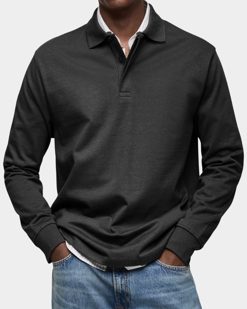 Black long-sleeve polo shirt with button placket and ribbed cuffs