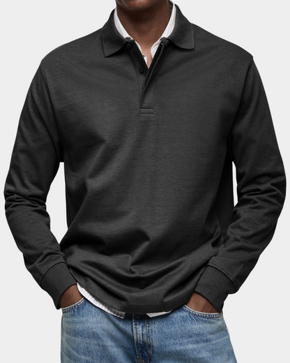 Black long-sleeve polo shirt with button placket and ribbed cuffs