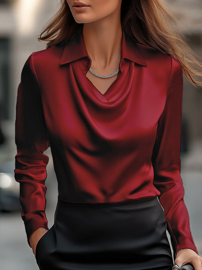 Dark red satin cowl neck blouse with pointed collar and buttoned cuffs