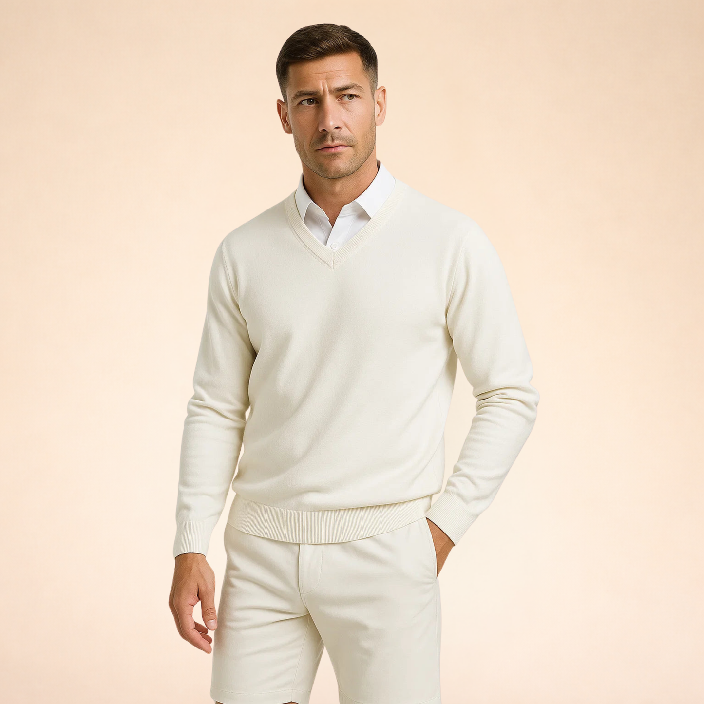 White cashmere V-neck sweater with long sleeves and ribbed hem and cuffs