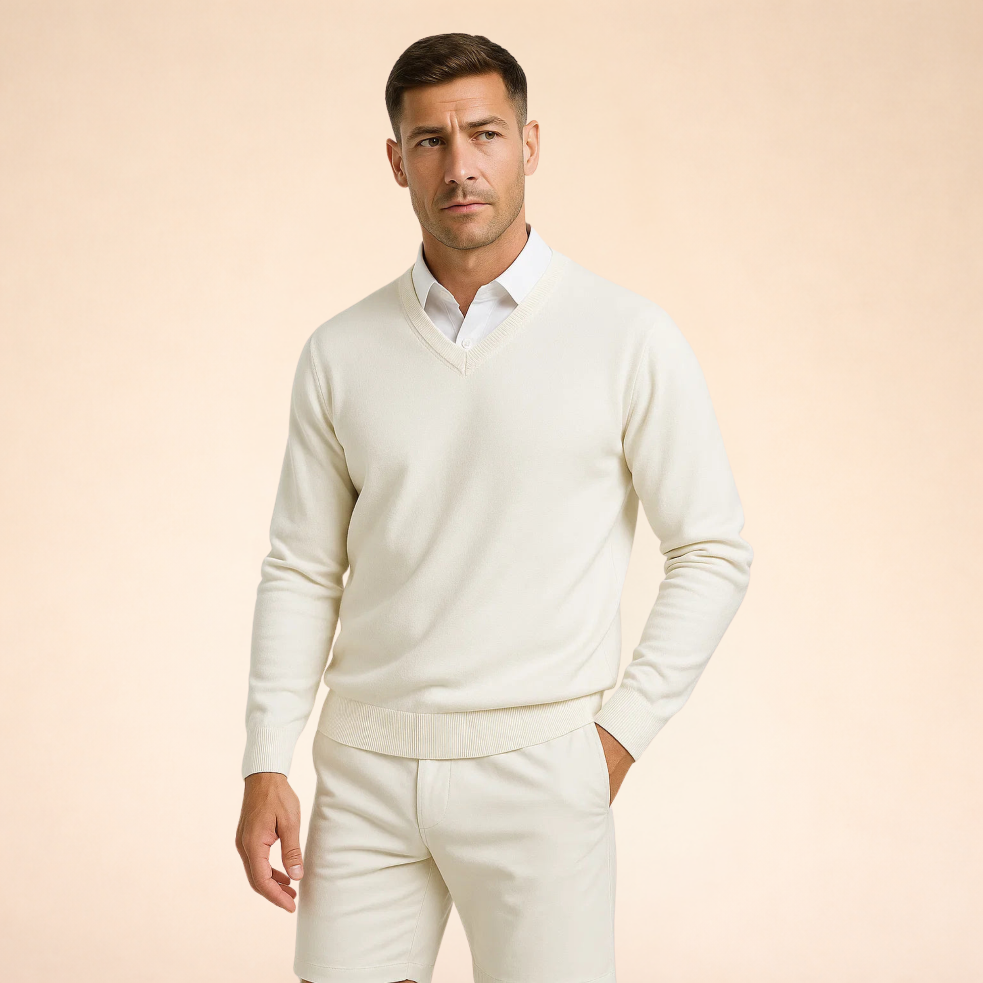 White cashmere V-neck sweater with long sleeves and ribbed hem and cuffs