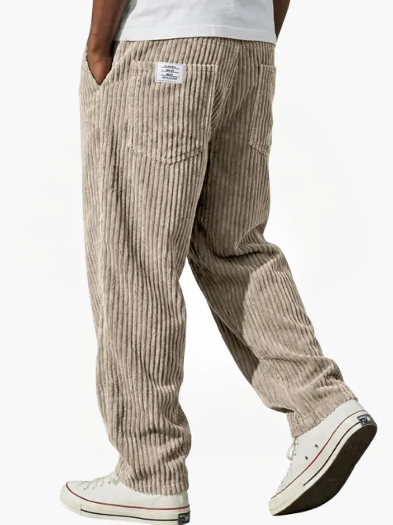 Wide-leg men's trousers with pockets in tan vertical cord texture.