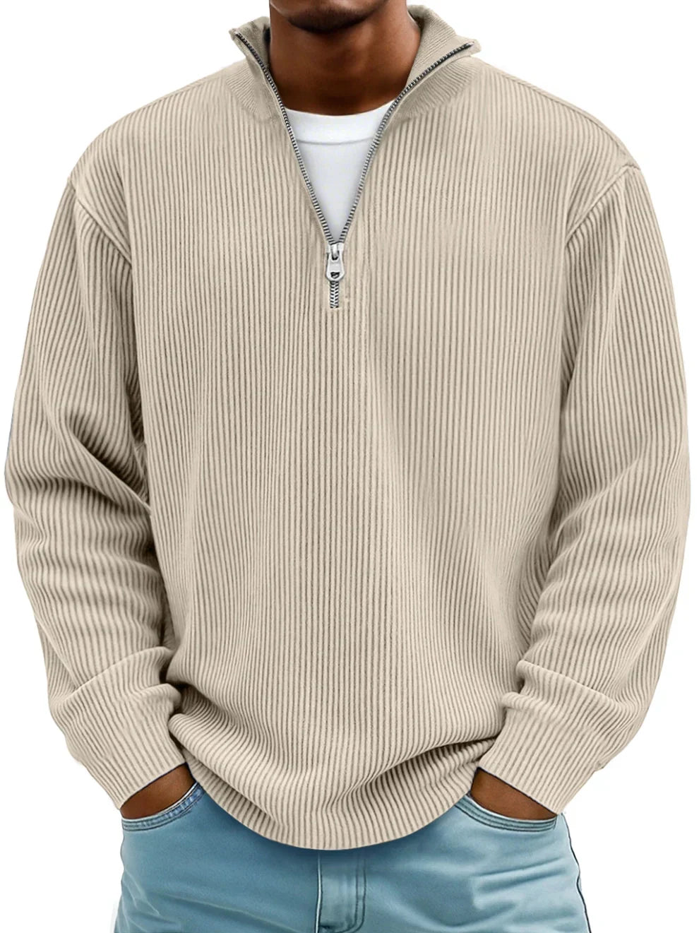 Beige quarter-zip pullover sweater with ribbed knit and vertical stripe texture