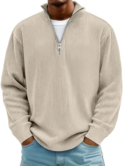 Beige quarter-zip pullover sweater with ribbed knit and vertical stripe texture