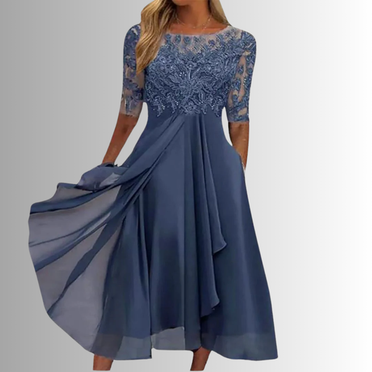 Blue lace midi dress with 3/4 sleeves, fitted lace bodice, and ruffled pleated skirt