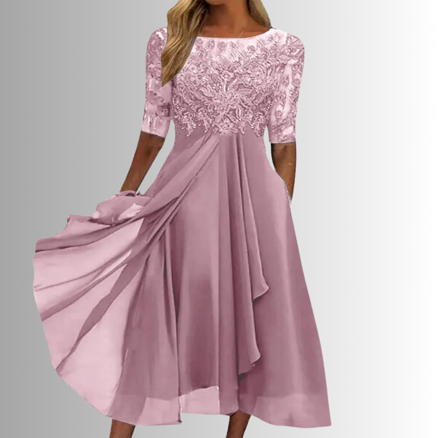 Pink lace midi dress with 3/4 sleeves, lace yoke, and layered pleated skirt