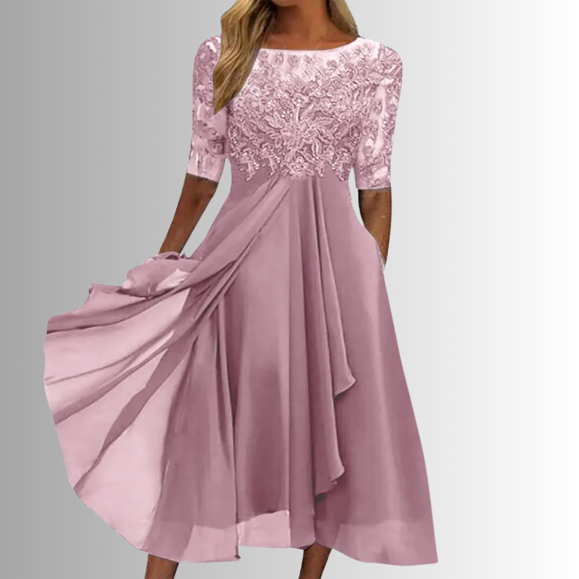 Pink lace midi dress with 3/4 sleeves, lace yoke, and layered pleated skirt