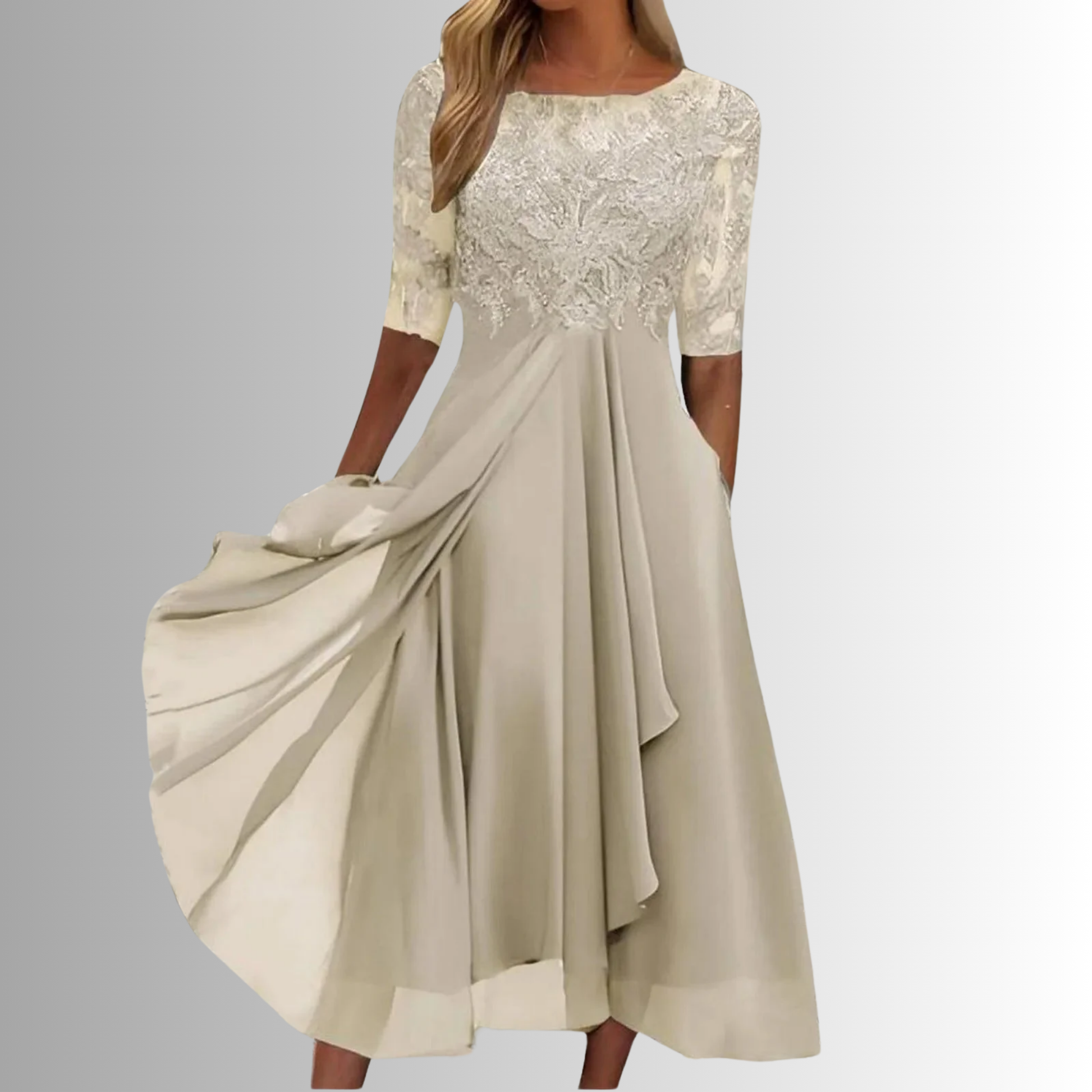 Cream lace midi dress with 3/4 sleeves, embroidered lace bodice, and pleated skirt