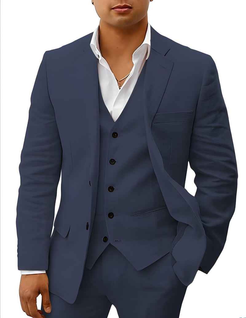 Navy blue linen blazer, vest, and trousers set with notch lapels and chest pocket