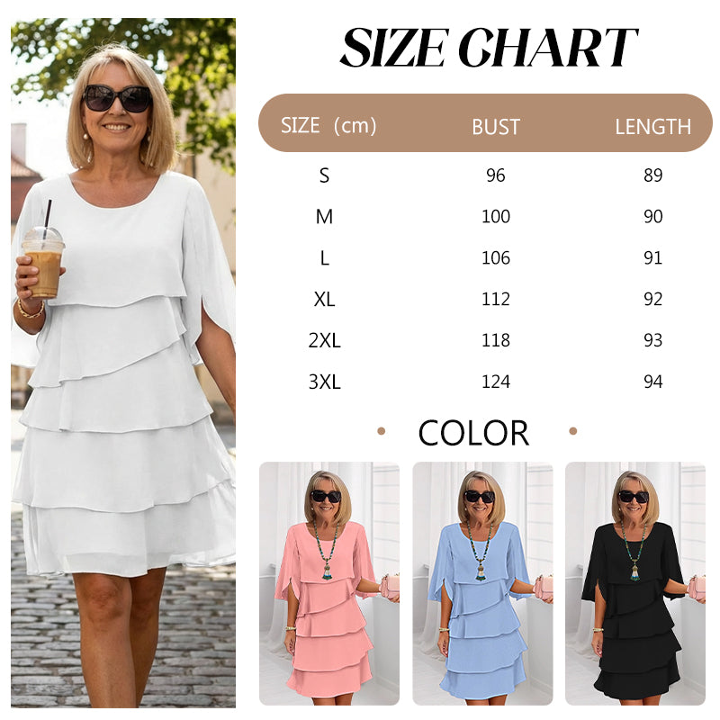 White tiered dress on model beside size chart panel