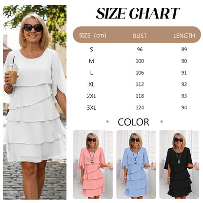 White tiered dress on model beside size chart panel