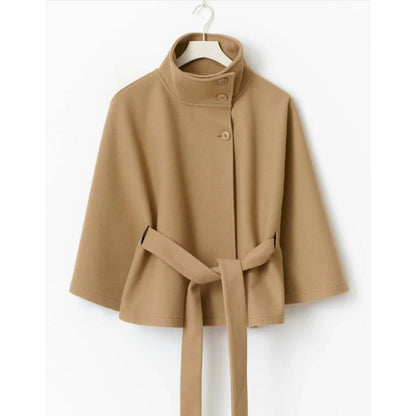 Women’s high-collar cape coat, camel, button front with belt tie; hanging garment view.