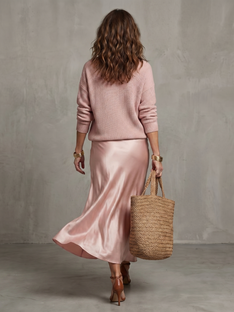 Pink satin bias midi skirt with knit V-neck top, back view, draped hem