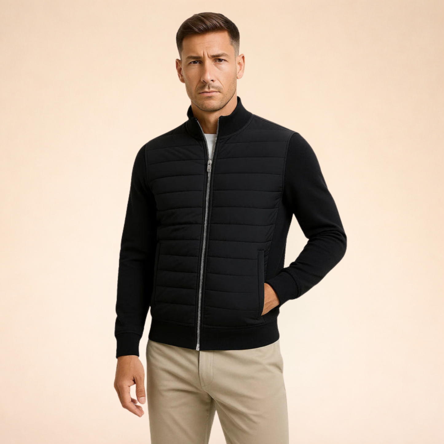 Men's black hybrid puffer jacket, quilted front panels and full-length zipper