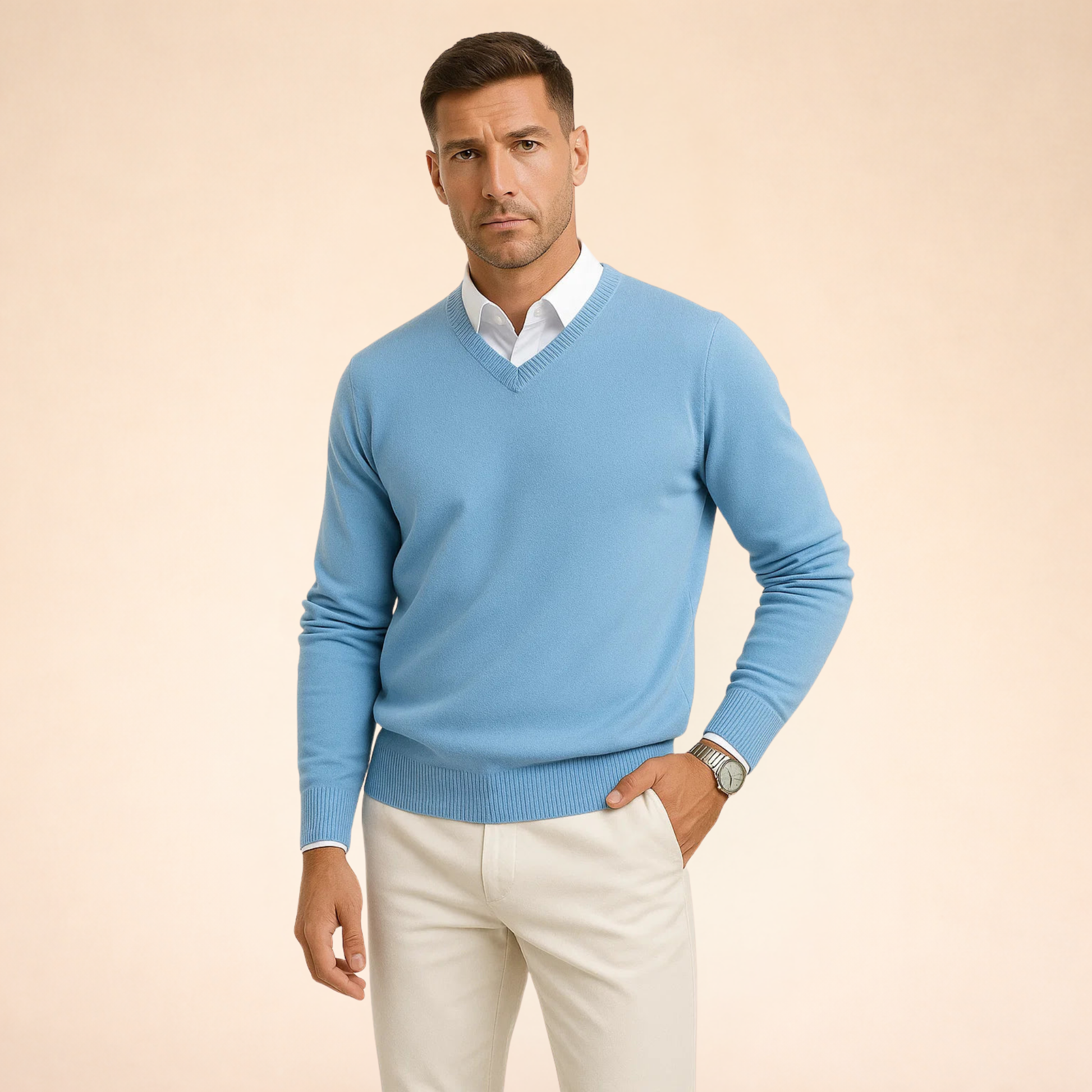 Light blue cashmere V-neck sweater with long sleeves and ribbed hem and cuffs